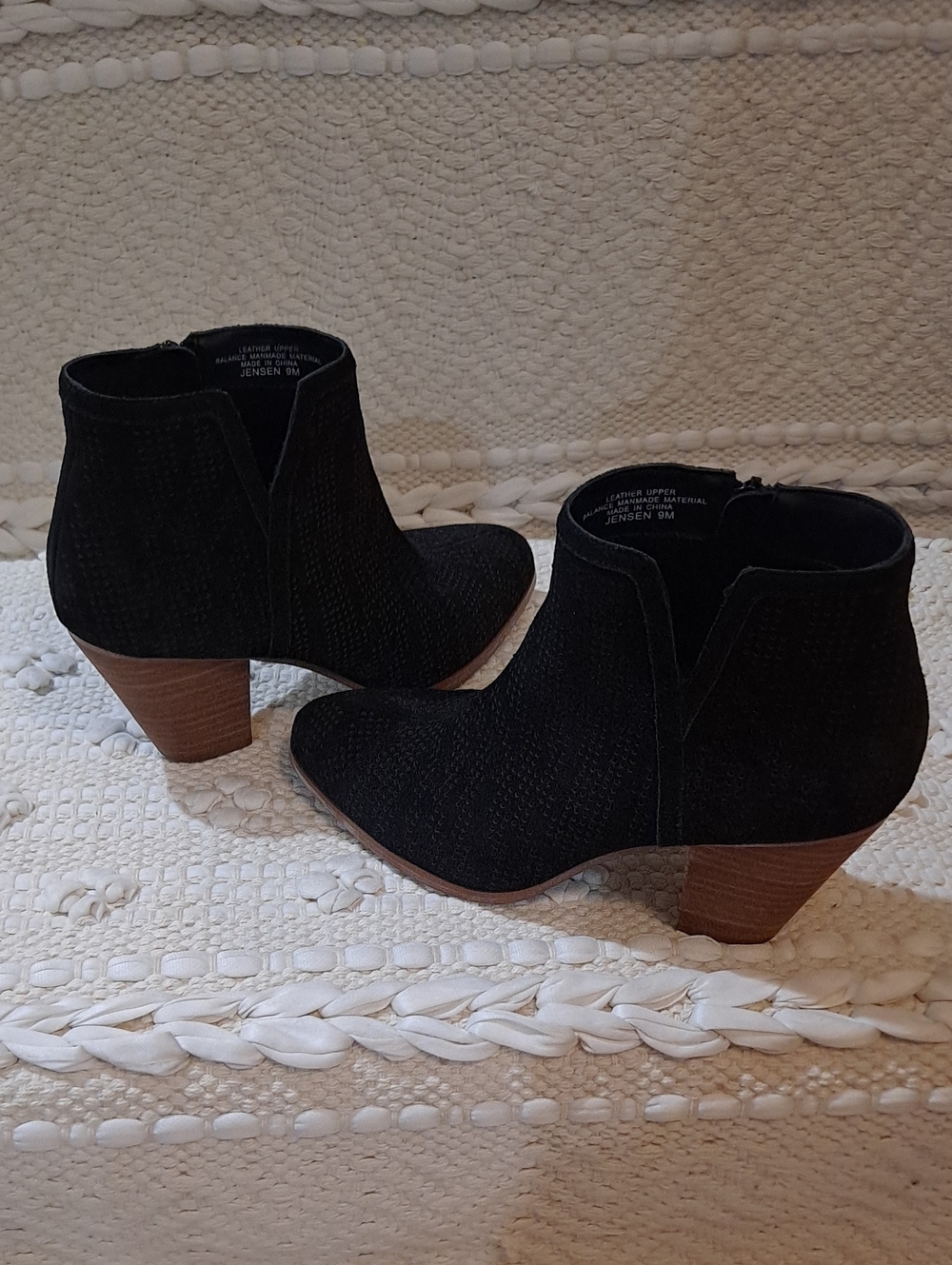 Jensen Black Suede Ankle Booties with Brown Stacked Heel